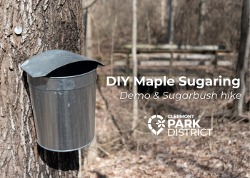 DIY Maple Sugaring, demo & sugarbush hike is written next to a metal sap bucket on a maple tree